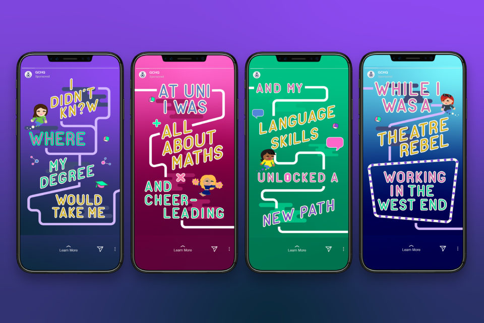 Four smartphones in a row, each featuring a different GCHQ character avatar and a snippet of their story.