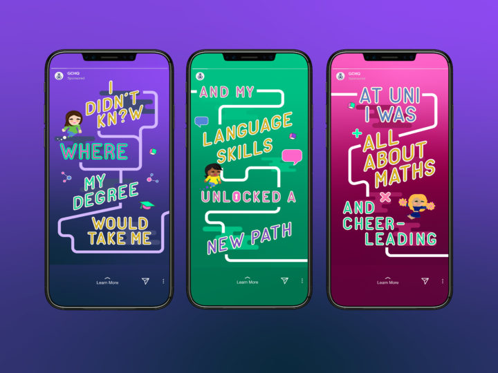Three smartphones in a row, each featuring a different GCHQ character avatar and a snippet of their story.