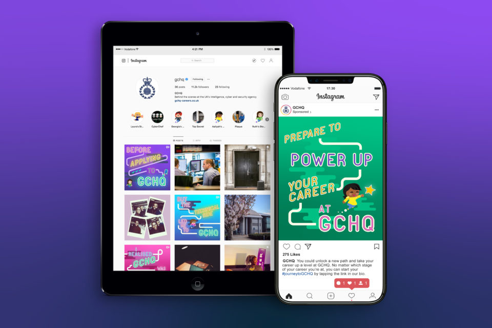 A tablet and a smartphone showing the GCHQ Instagram grid. The Journey to GCHQ posts are visible among the posts.