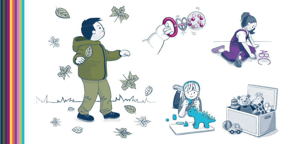 cartoons of children playing among leaves, with toys and drawing with chalk on the floor.