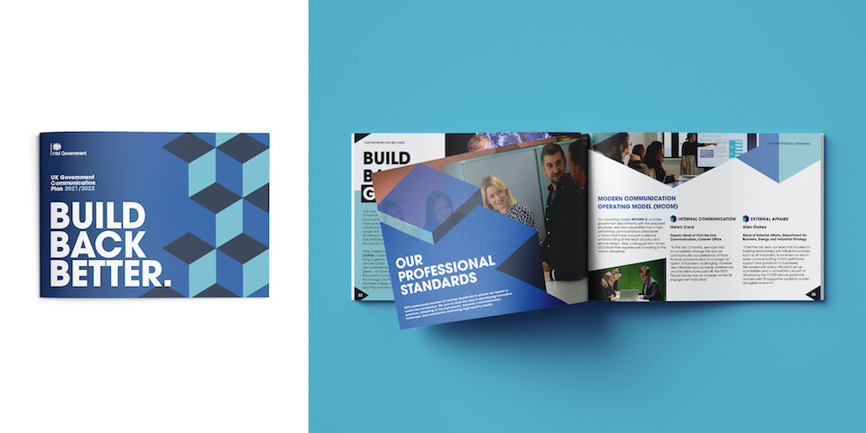 Front and inner pages of the government comms plan with the title build back better.
