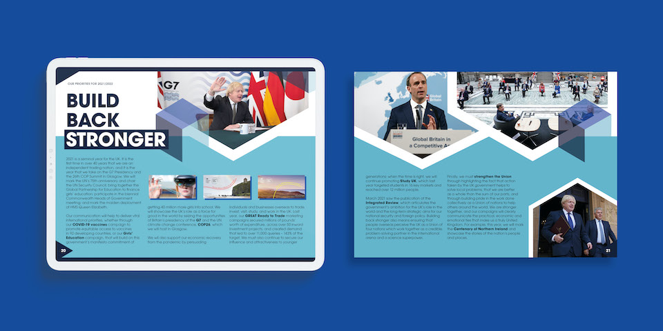 Mock up of the Government comms plan as shown on a tablet and on the website with the title build back stronger.