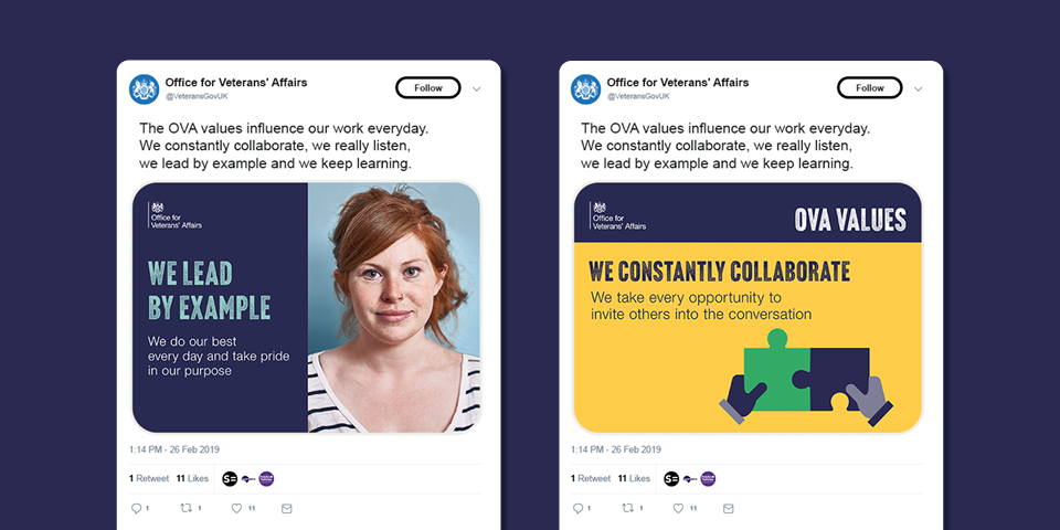 Examples of how the OVA branding will work on Twitter.