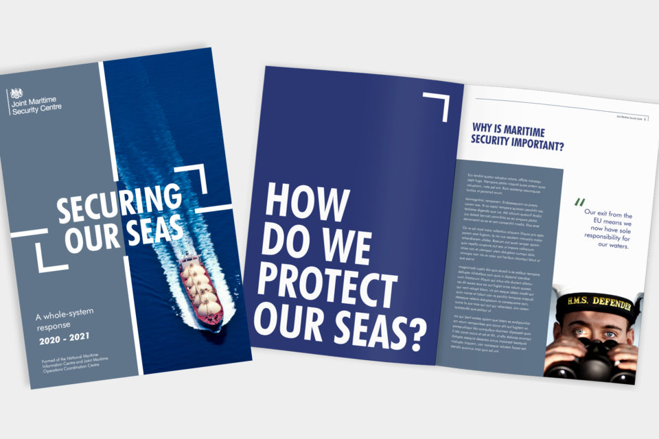 Mockup of a printed maritime report. The cover says 'securing our seas' and the spread has the headline 'how do we protect our seas?'