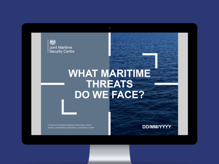 Computer screen mockup showing the maritime branding. The words on the computer screen read: What maritime threats do we face?