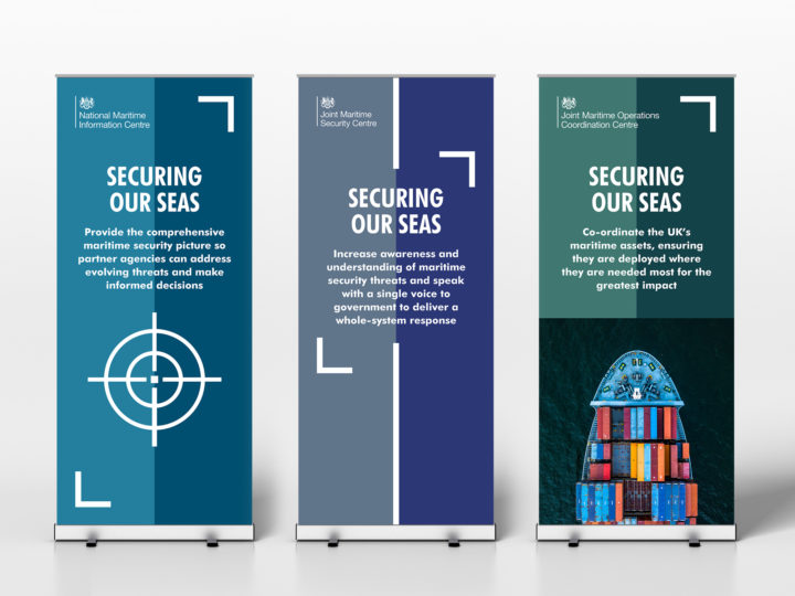 Three sample pull-up banners showing the maritime branding. Each one uses the headline 'securing our seas'