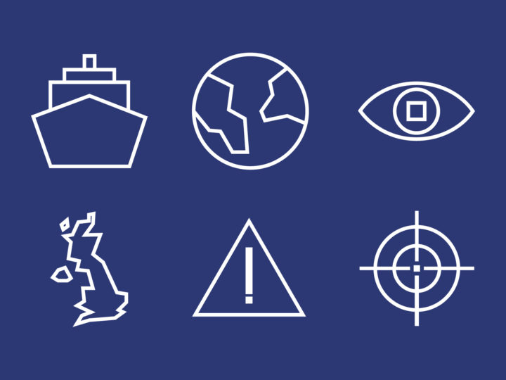 Suite of icons for the maritime branding. The icons depict a boat, globe, eye, UK outline, warning triangle and a target symbol. They are in white lines on a dark blue background.