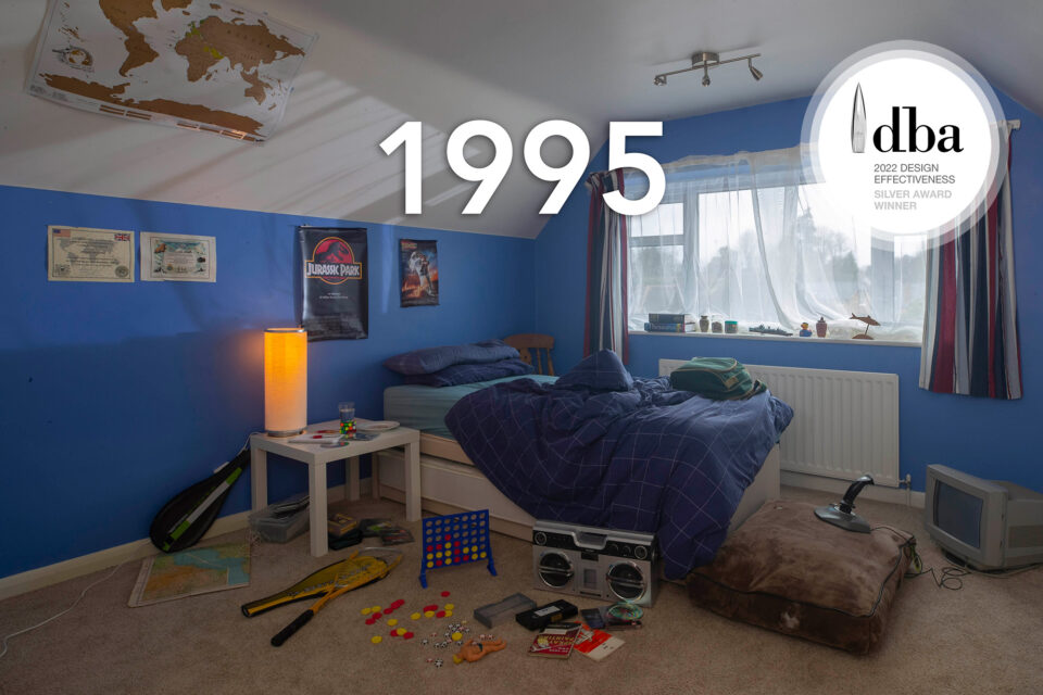 Sexual violence campaign. A teenager's bedroom with posters on the wall and an unmade bed. Some classic 90s toys are laid out on the floor, connect 4, a stretch armstrong and a joystick. The date 1995 is written over the image. The DBA 2022 design effectiveness silver award winner